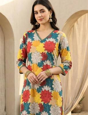 Multicolor women floral printed cotton kurta with trousers 1