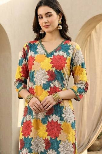 Multicolor women floral printed regular pure cotton kurta with trousers