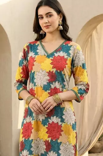 Multicolor women floral printed regular pure cotton kurta with trousers