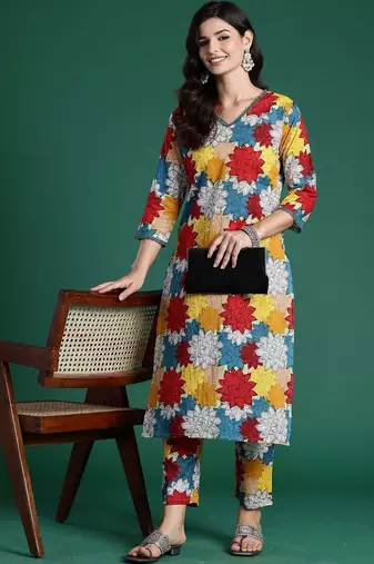 Multicolor women floral printed regular pure cotton kurta with trousers
