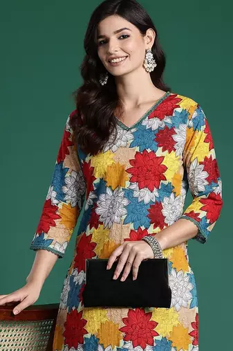 Multicolor women floral printed regular pure cotton kurta with trousers