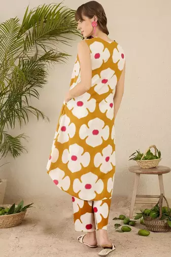 Mustard women floral printed regular pure cotton kurta with trousers