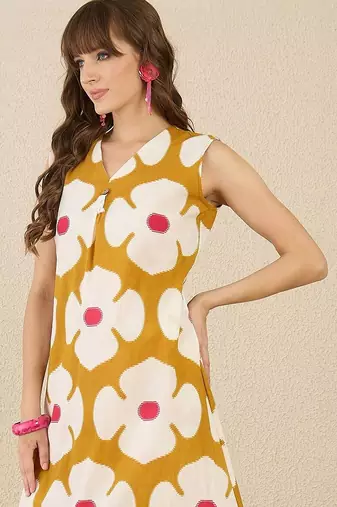 Mustard women floral printed regular pure cotton kurta with trousers