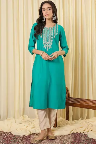 Blue women ethnic motifs embroidered indigo kurta