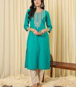 Blue women ethnic motifs embroidered indigo kurta