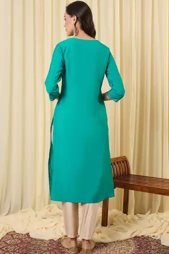Blue women ethnic motifs embroidered indigo kurta