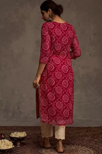 Pink women bandhani printed sequinned georgette straight kurta