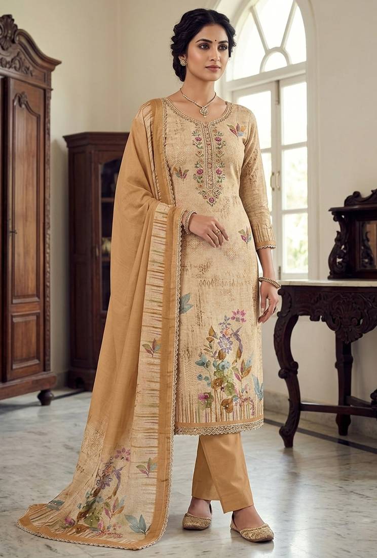 Peach color cotton linen simmer fabric smart and graceful salwar kameez