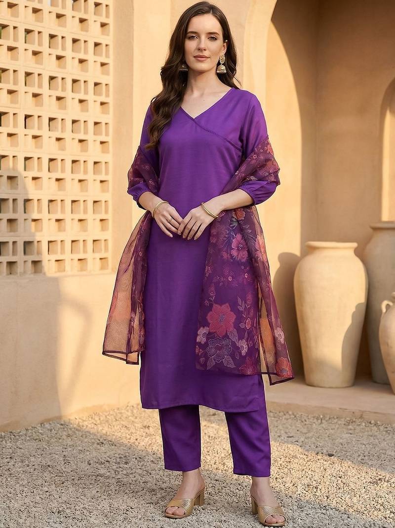 Purple women angrakha kurta with trousers & with dupatta