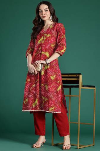 Red bandhani printed pure cotton gotta patti kurta