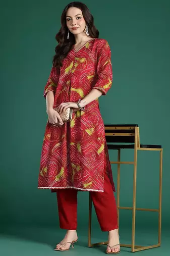 Red bandhani printed pure cotton gotta patti kurta