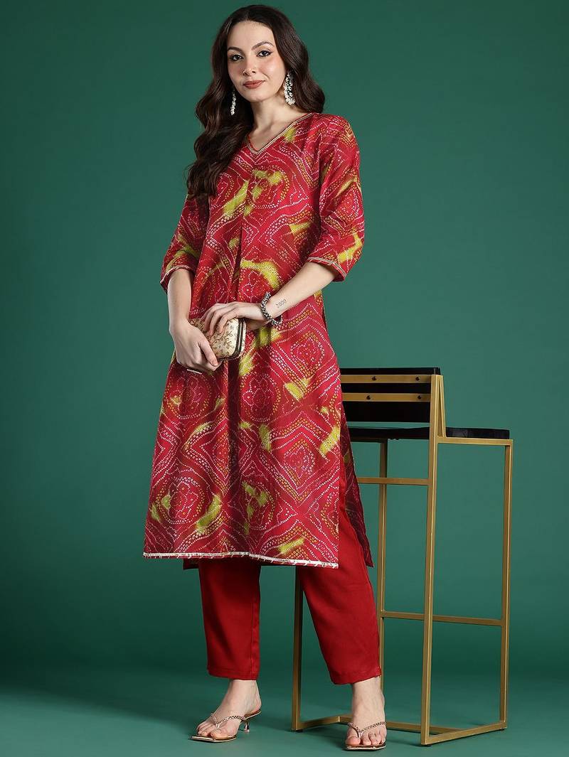 Red bandhani printed pure cotton gotta patti kurta