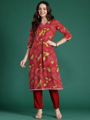Red bandhani printed cotton gotta patti kurta 3
