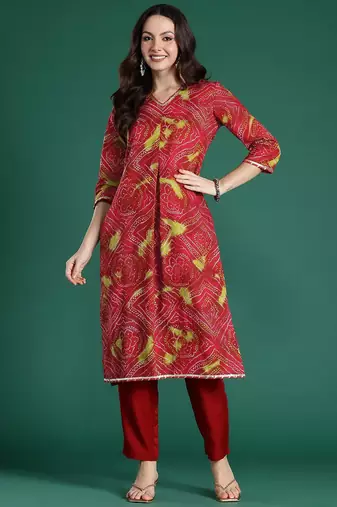 Red bandhani printed pure cotton gotta patti kurta