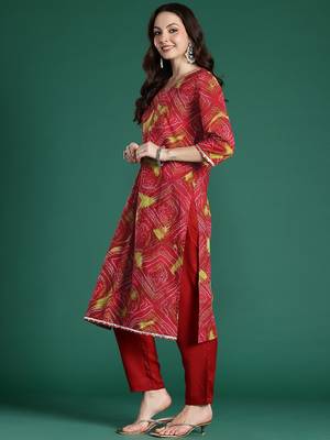 Red bandhani printed cotton gotta patti kurta 4