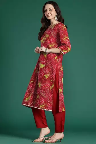 Red bandhani printed pure cotton gotta patti kurta