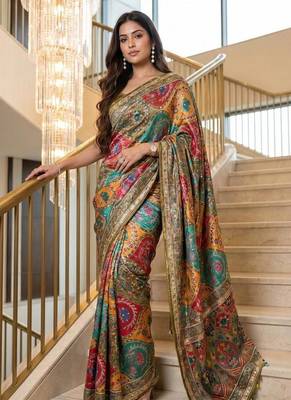 New Modal Creap With Position Print And Real Mirror Work Saree With Blouse Set For Women's 1