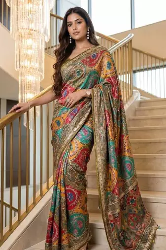 New Modal Creap With Position Print And Real Mirror Work Saree With Blouse Set For Women's
