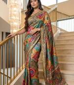 New Modal Creap With Position Print And Real Mirror Work Saree With Blouse Set For Women's