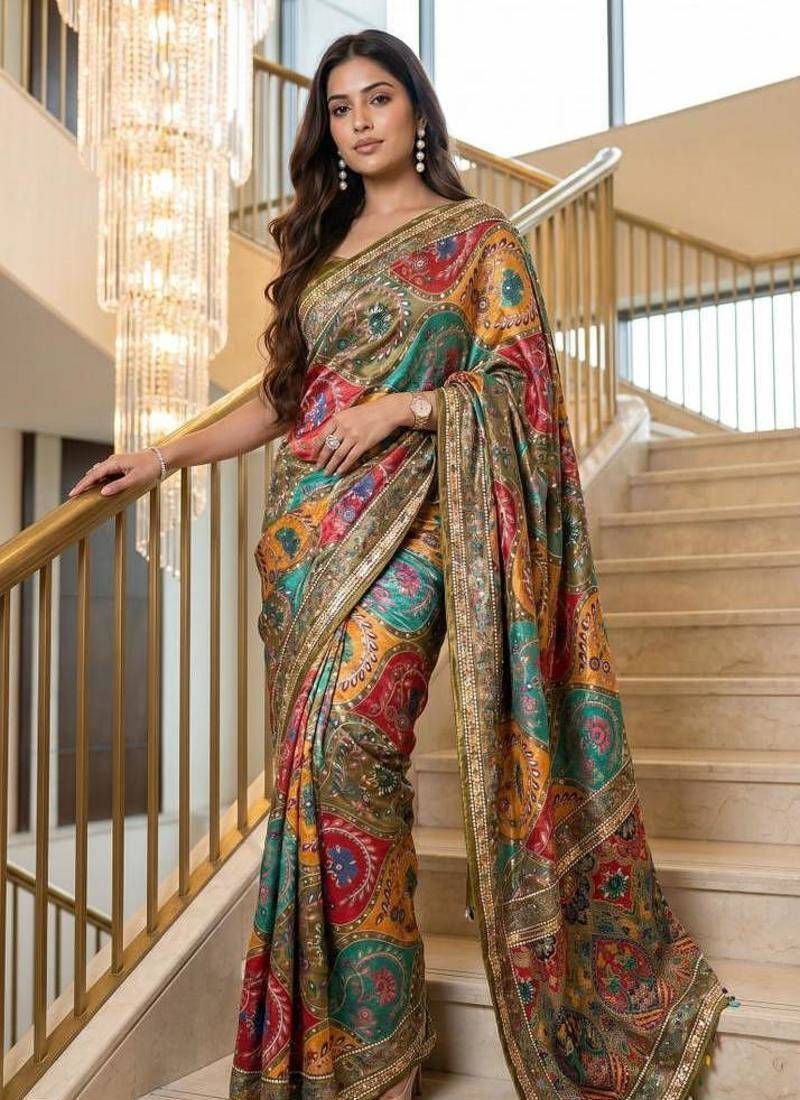 New Modal Creap With Position Print And Real Mirror Work Saree With Blouse Set For Women's