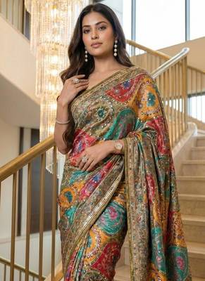 New Modal Creap With Position Print And Real Mirror Work Saree With Blouse Set For Women's 2