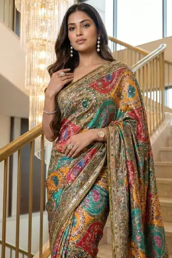New Modal Creap With Position Print And Real Mirror Work Saree With Blouse Set For Women's