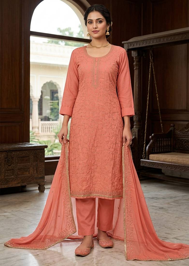 Orange color jam cotton fabric designer ethnic partywear suit