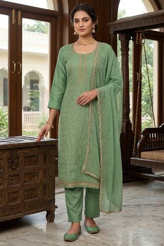 Green color jam cotton fabric designer ethnic partywear suit