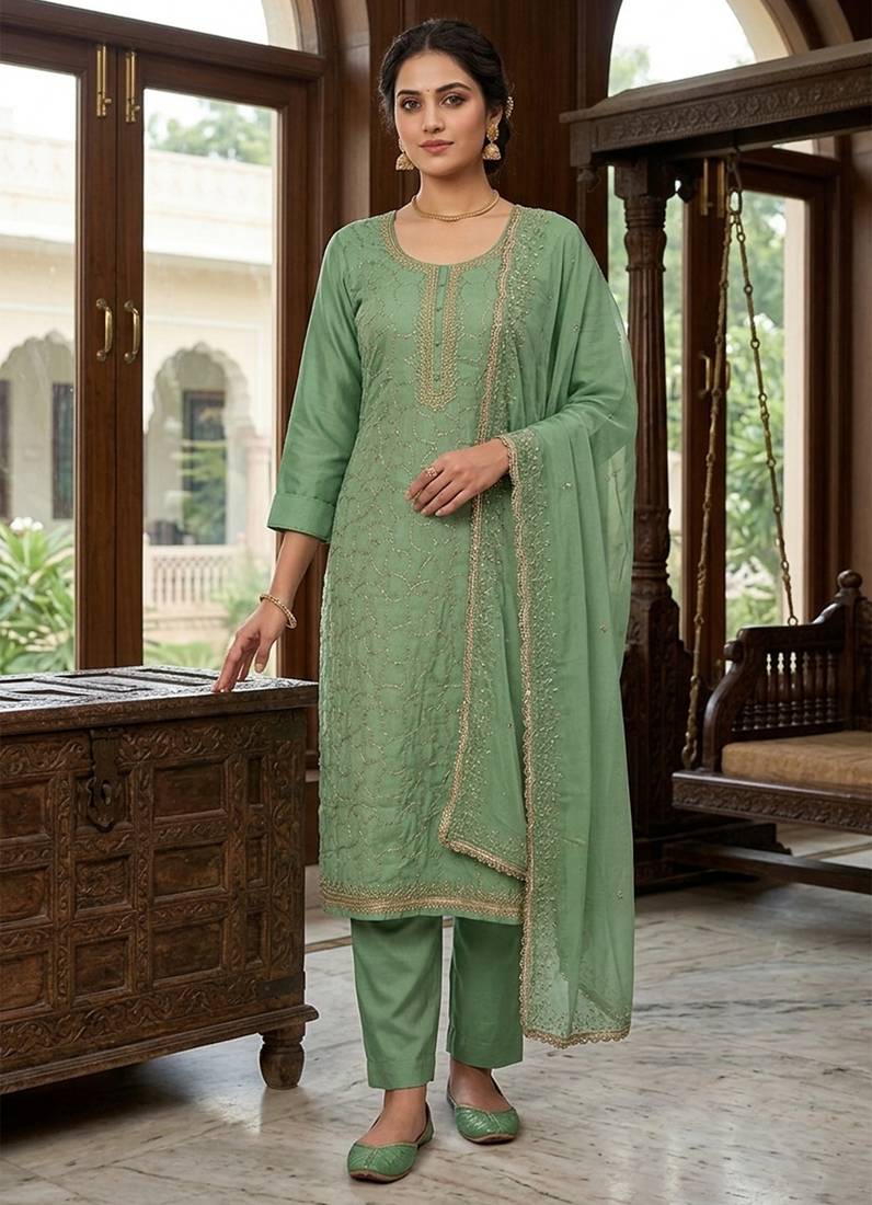 Green color jam cotton fabric designer ethnic partywear suit
