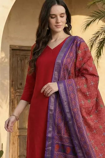 Red women ethnic motifs regular kurta with trousers & with dupatta