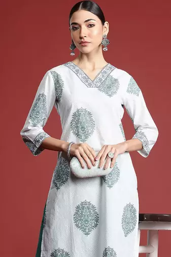 White floral printed pure cotton kurta