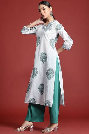 White floral printed pure cotton kurta