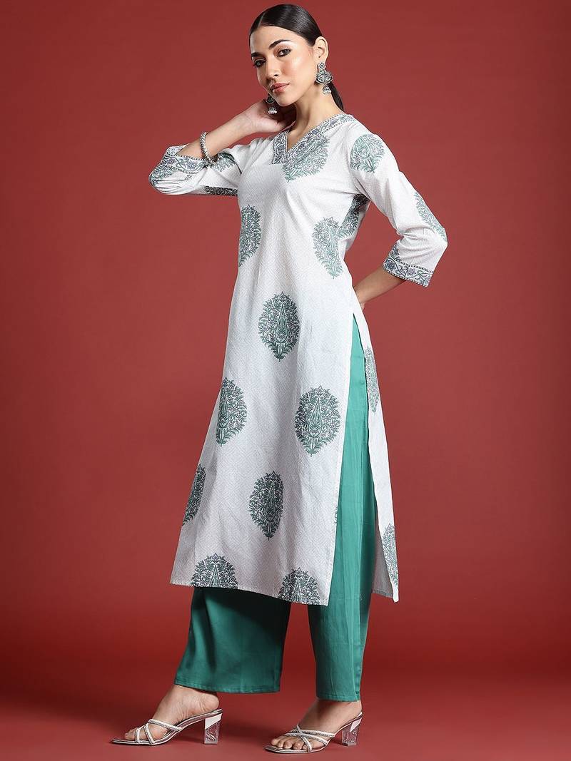 White floral printed pure cotton kurta