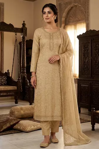 Beige color jam cotton fabric designer ethnic partywear suit