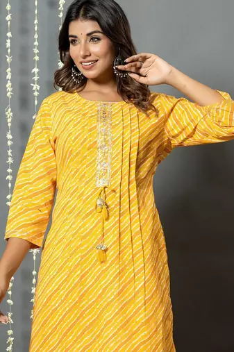 Yellow women leheriya printed mirror work kurta