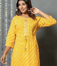 Yellow women leheriya printed mirror work kurta