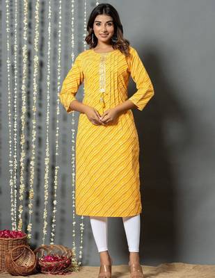 Yellow women leheriya printed mirror work kurta 3