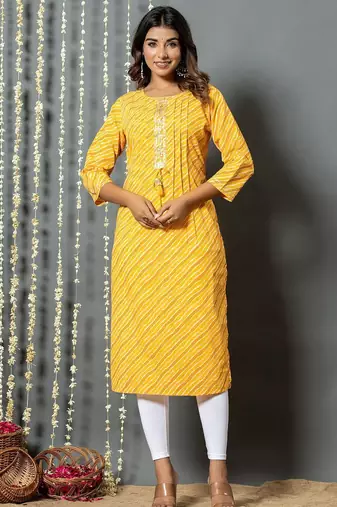 Yellow women leheriya printed mirror work kurta
