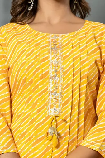Yellow women leheriya printed mirror work kurta