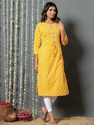 Yellow women leheriya printed mirror work kurta 1