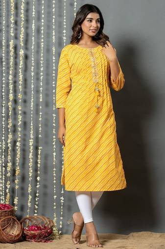 Yellow women leheriya printed mirror work kurta