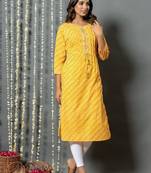 Yellow women leheriya printed mirror work kurta