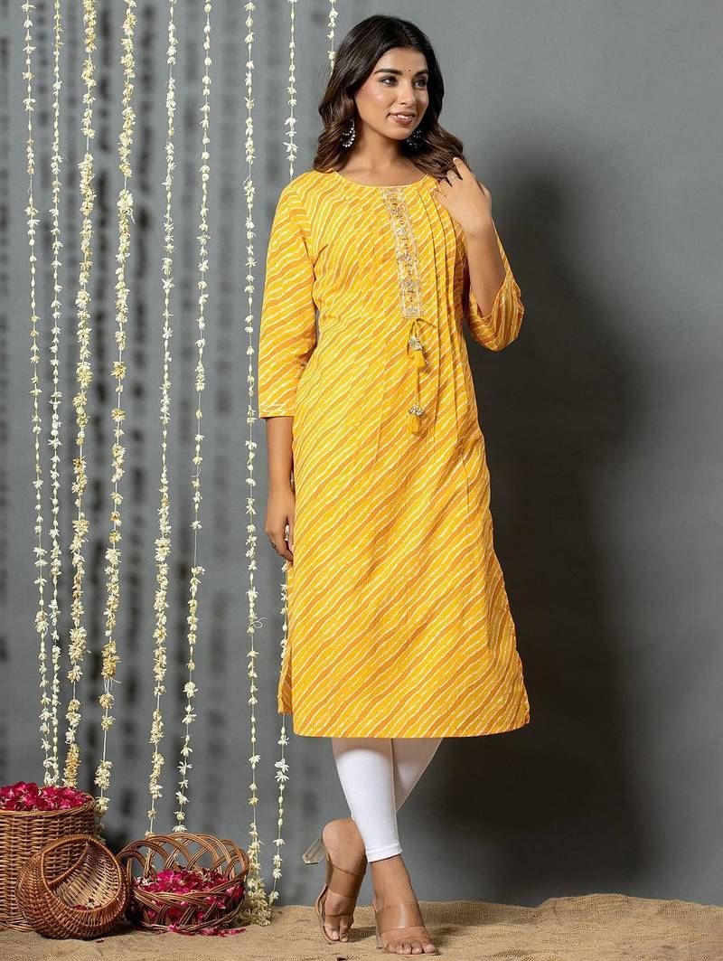 Yellow women leheriya printed mirror work kurta