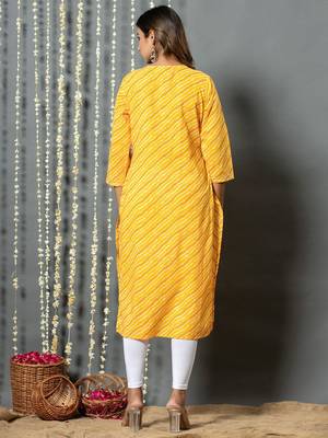 Yellow women leheriya printed mirror work kurta 5