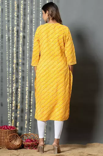 Yellow women leheriya printed mirror work kurta