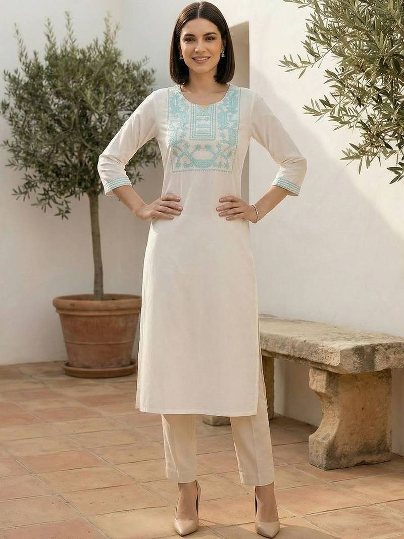 White women embroidered thread work kurta