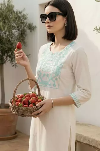 White women embroidered thread work kurta