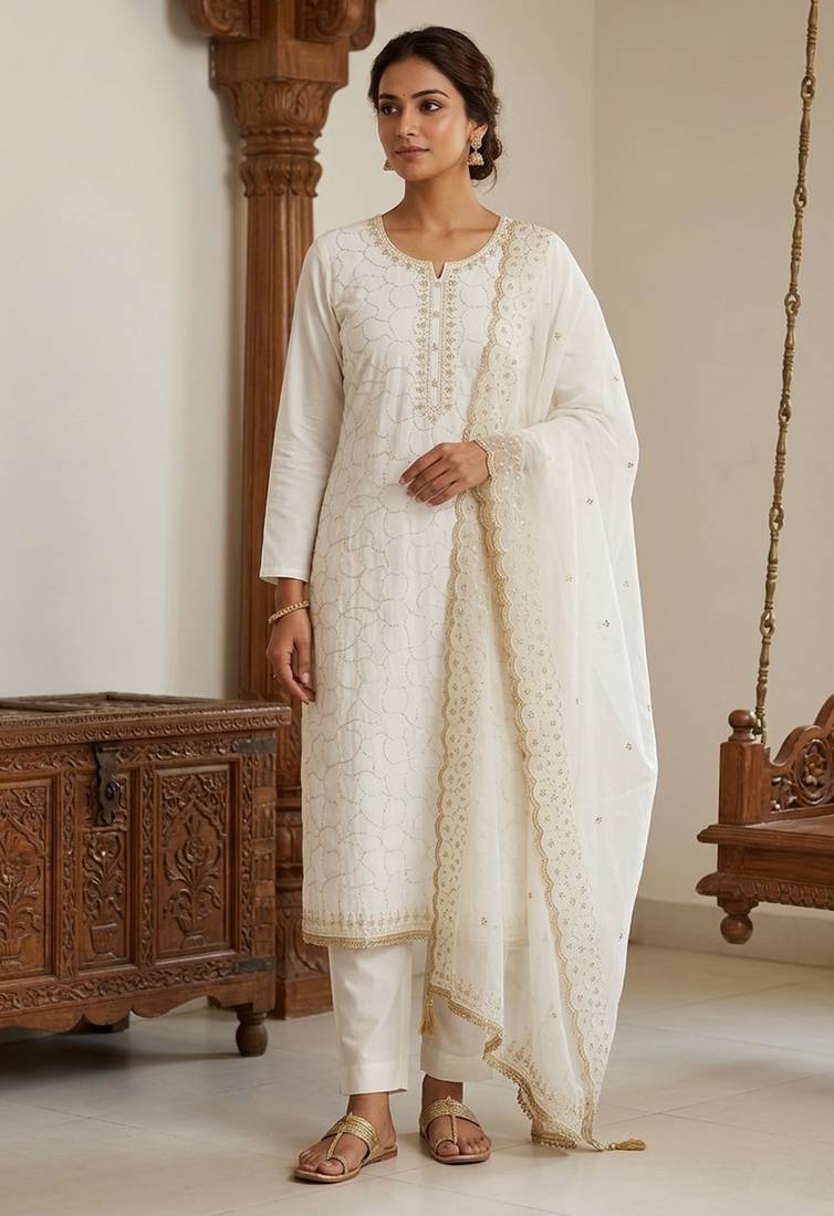 Off white color jam cotton fabric designer ethnic partywear suit
