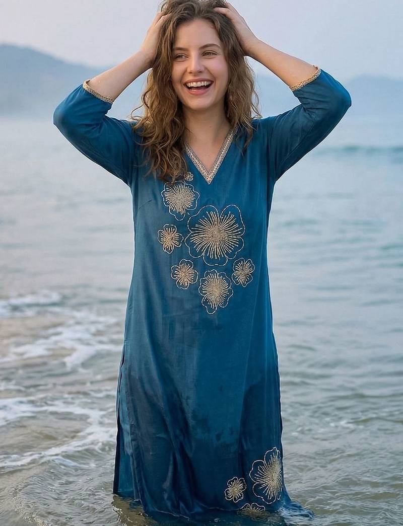 Teal women floral embroidered regular thread work kurta with trousers