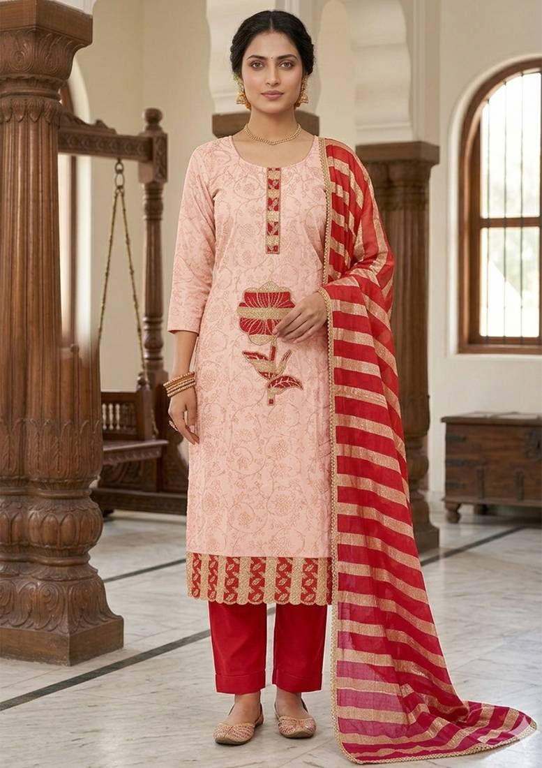 Red color jam cotton fabric designer ethnic partywear suit